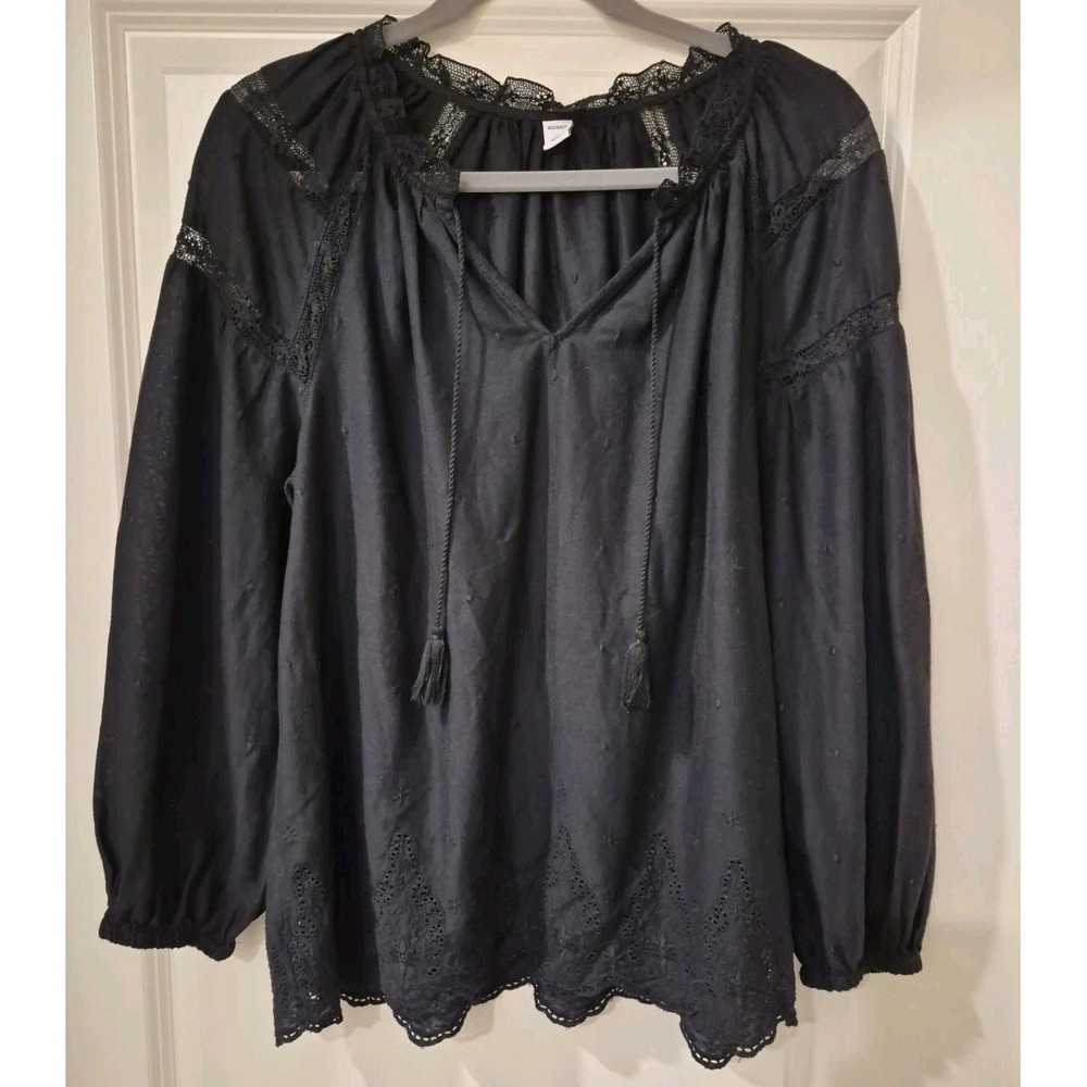 Long Sleeve blk Lace Embroidered Eyelet Blouse Top Witchy BOHO Whimsigoth Sz M